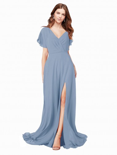 Purchase Chiffon Prom Dress with Flutter Sleeves and Front Slit UK