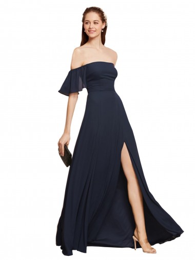 Purchase Off the Shoulder Floaty Sleeves Chiffon Prom Dress with High Slit UK