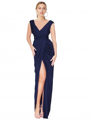 Purchase Draped V-Neck Long Chiffon Prom Dress with Front Slit UK