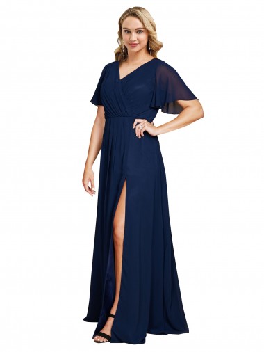 Purchase Chiffon V-Neck Short Sleeves Long Prom Dress with High Slit UK