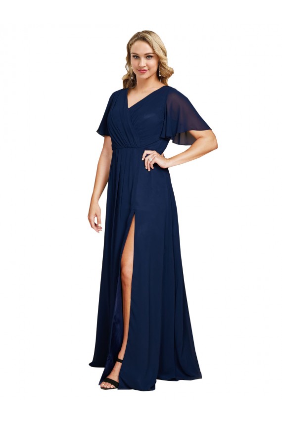 Purchase Chiffon V-Neck Short Sleeves Long Prom Dress with High Slit UK