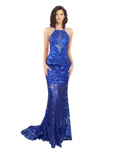 Purchase High Neck Long Open Back Lace Prom Dress with Train UK