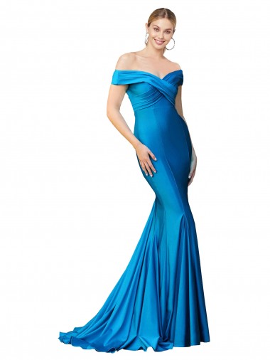 Purchase Off the Shoulder Long Chapel Train Satin Prom Dress UK