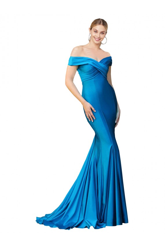 Purchase Off the Shoulder Long Chapel Train Satin Prom Dress UK