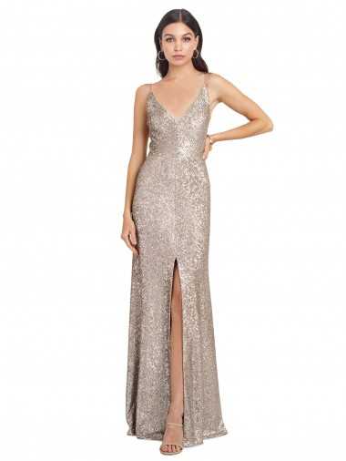 Purchase V-Neck Fully Sequin Prom Dress with V-Back and Front Slit UK