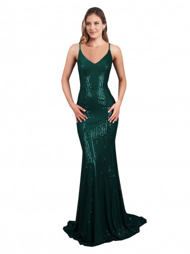 Purchase Fishtail Shaped V-Neck Open Back Long Sequin Prom Dress UK