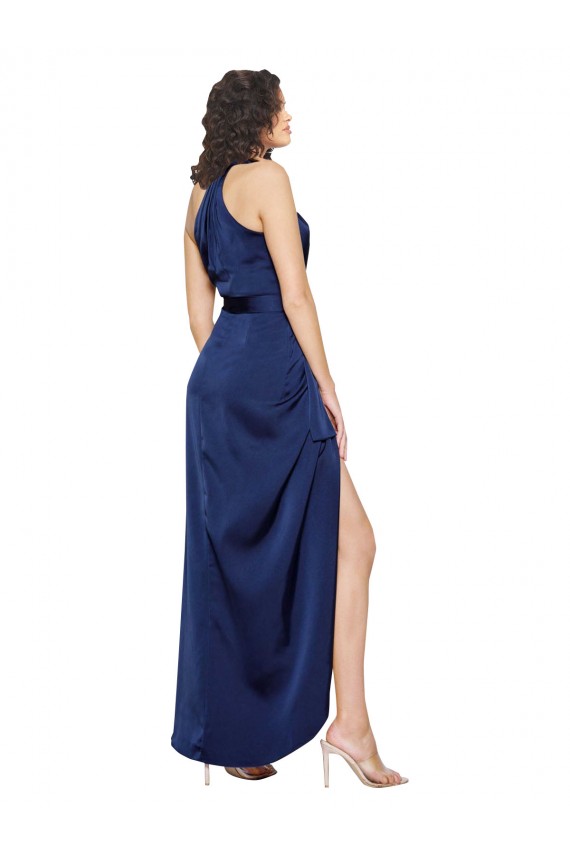 Purchase Full Length High Neck Wrap Silky Satin Prom Dress with Waist Tie UK