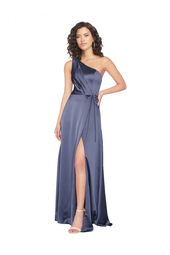 Purchase Draped Silky Satin Prom Dress with Tied Waist UK