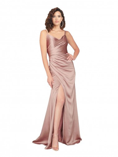 Purchase Floor Length Silky Satin Prom Dress with Front Skirt Slit UK