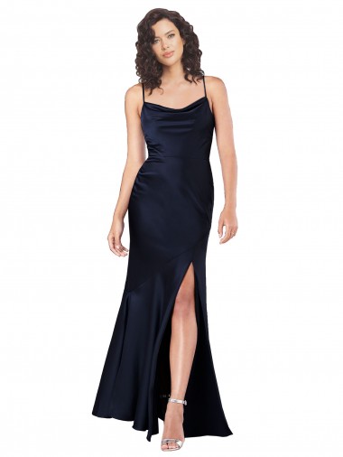 Purchase Draped Cowl Neck Silky Satin Prom Dress with Skirt Slit UK