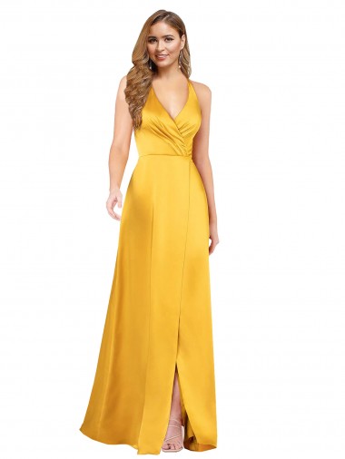 Purchase Halter A-Line Silky Satin Prom Dress with V-Neckline and Slit UK