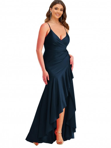 Purchase Pleated Wrap Ruffled High Low Silky Satin Prom Dress UK