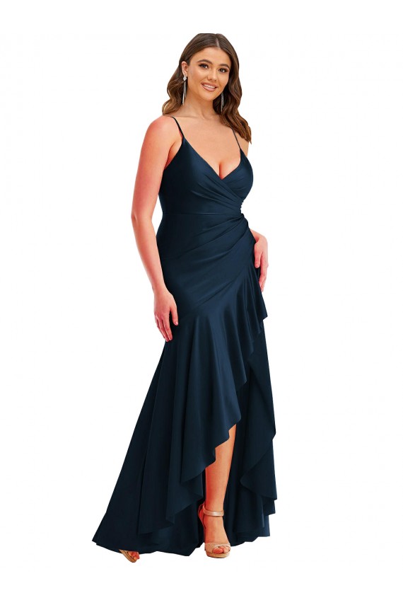 Purchase Pleated Wrap Ruffled High Low Silky Satin Prom Dress UK