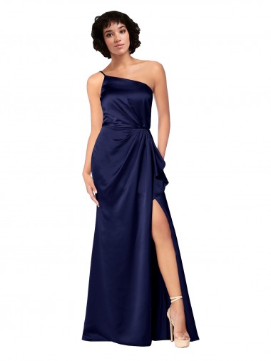 Purchase One Shoulder Silky Satin Prom Dress with Skirt Slit UK