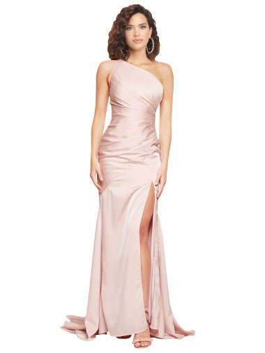 Purchase Full Length One Shoulder Long Silky Satin Prom Dress with High Split UK