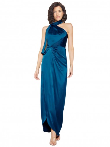 Purchase High Halter Neck Silky Satin Prom Dress with Sash Overlay and Side Split UK