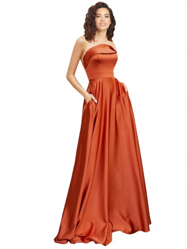 Purchase Strapless Sweep Train Silky Satin Prom Dress with Pleats UK