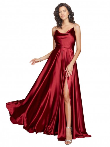 Purchase Cowl Neckline Long Silky Satin Prom Dress with Spaghetti Straps UK