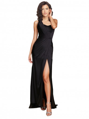 Purchase Full Length One Shoulder Ruffled Long Silky Satin Prom Dress with High Slit UK