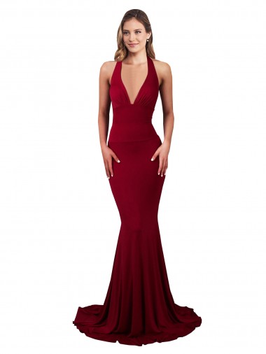 Purchase Halter Mermaid Plunge V-Neckline Open Back Bow Tie Spandex Prom Dress UK