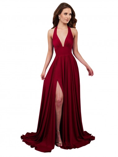 Purchase A-Line Halter Plunge V-Neckline Open Back Spandex Prom Dress with Slit UK