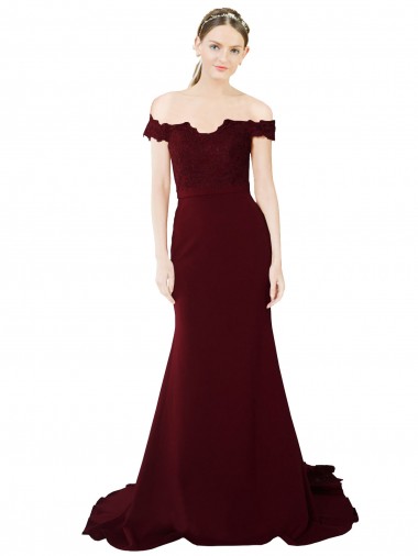 Purchase Full Length Off the Shoulder Formal Crepe Prom Dress with Lace On Bodice and Back UK