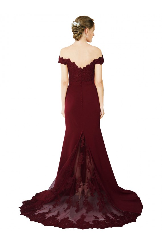 Purchase Full Length Off the Shoulder Formal Crepe Prom Dress with Lace On Bodice and Back UK