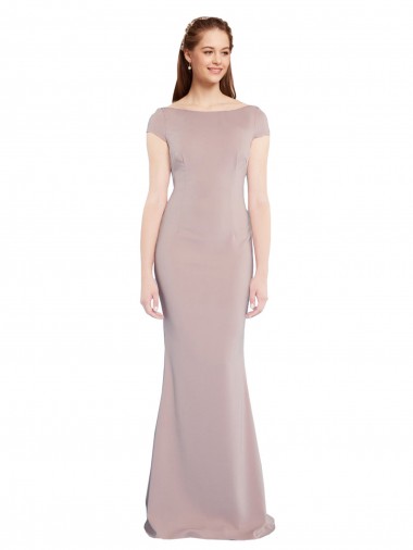 Purchase Boat Neck Cap Sleeve Crepe Prom Dress with Plunging Tie Back UK