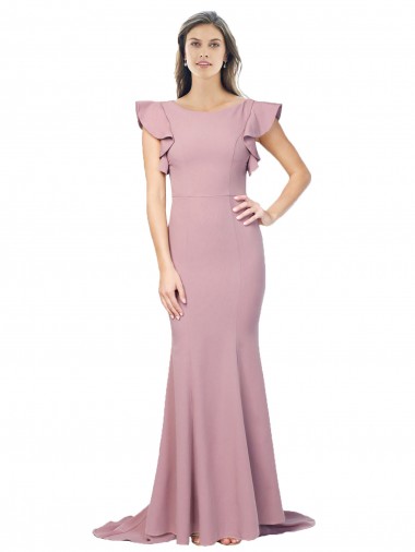 Purchase Flutter Sleeves Low V-Back High Round Neck Crepe Prom Dress UK