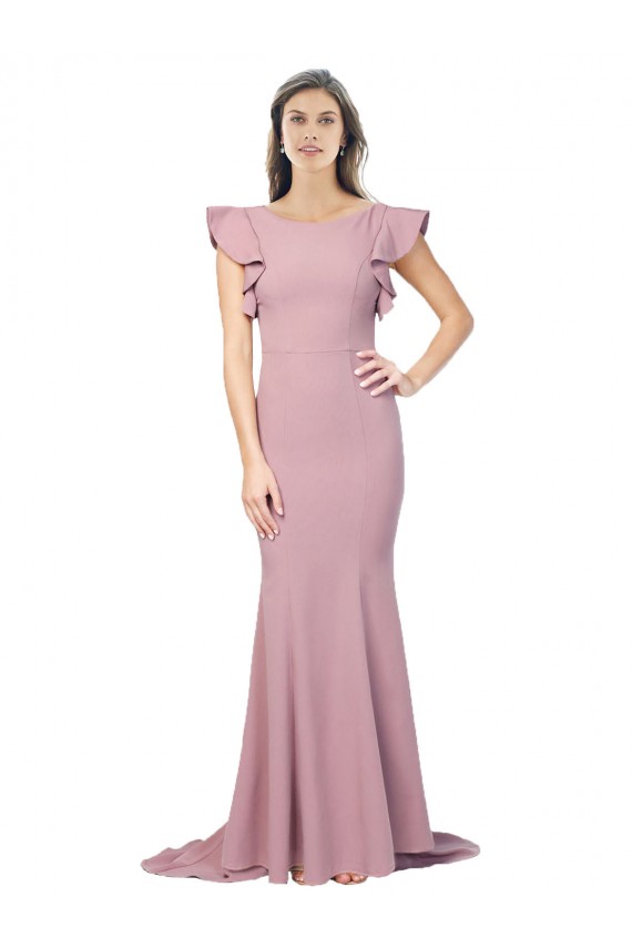 Purchase Flutter Sleeves Low V-Back High Round Neck Crepe Prom Dress UK