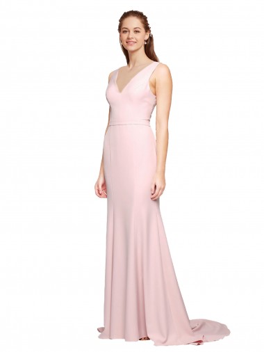 Purchase Deep V-Neckline and Back Long Sweep Train Crepe Prom Dress with Shoulder Straps UK