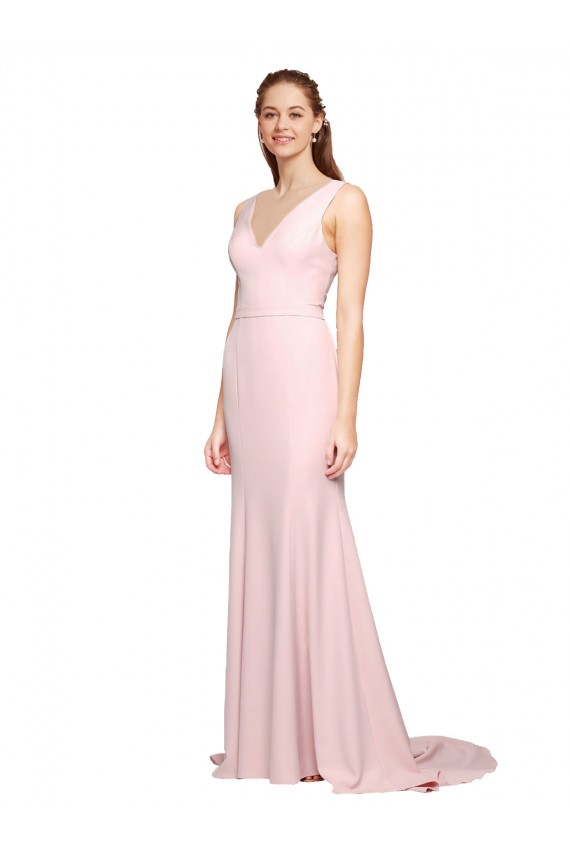 Purchase Deep V-Neckline and Back Long Sweep Train Crepe Prom Dress with Shoulder Straps UK
