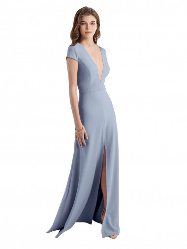 Purchase Plunging V-Neck Cap Sleeves Stretch Crepe Prom Dress with Front Slit UK