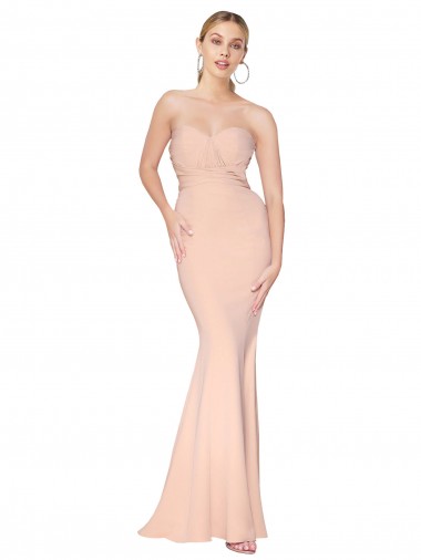 Purchase Sweetheart Shirred Neck Long Floor Length Crepe Prom Dress UK