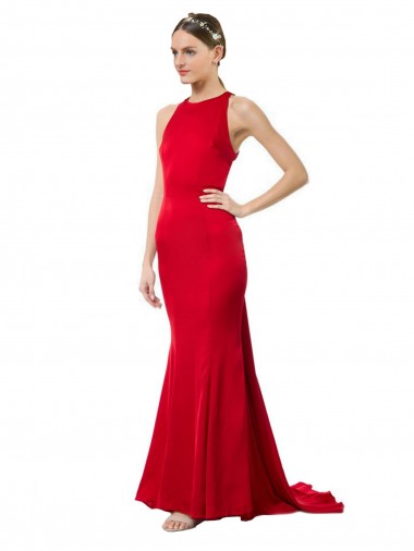 Purchase High Neck Mermaid Open Back Crepe Maxi Prom Dress with Train Detail UK