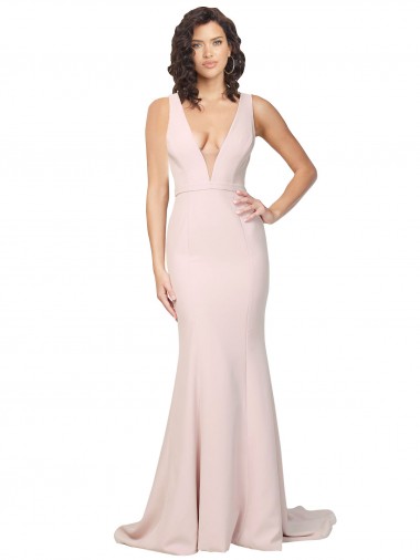 Purchase Deep Plunging V-Neckline Full Length Crepe Prom Dress with Deep V-Backline UK