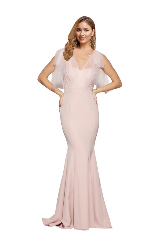 Purchase Double Bow Full Length Sweetheart Crepe Prom Dress with Tulle Overlay UK