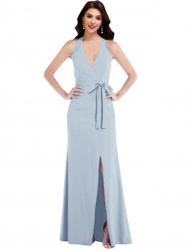 Purchase Open Back Halter Maxi Crepe Prom Dress with Draped Bow UK