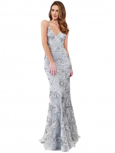 Purchase Silver V-Neckline Backless Floral Patterned Sequin Prom Dress UK