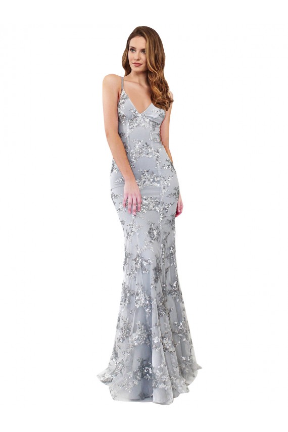 Purchase Silver V-Neckline Backless Floral Patterned Sequin Prom Dress UK