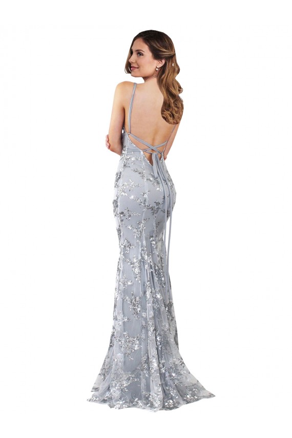 Purchase Silver V-Neckline Backless Floral Patterned Sequin Prom Dress UK