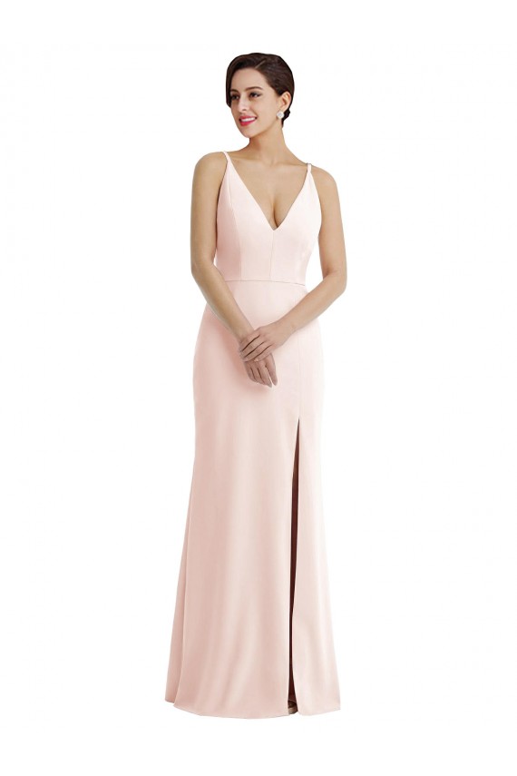 Purchase Skinny Strap Deep V-Neck Trumpet Crepe Prom Dress with Front Slit UK