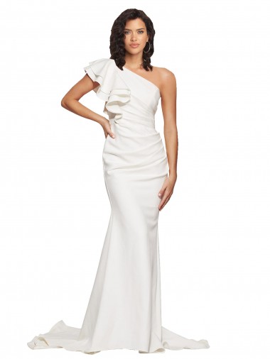 Purchase Ruched Long Sweep Train Crepe Prom Dress with Shoulder Ruffles UK