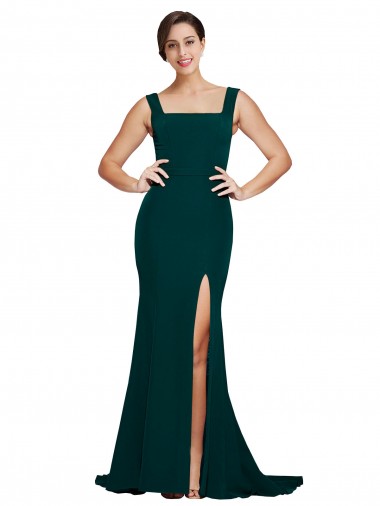 Purchase Fitted Square Neck Long Crepe Prom Dress with Train and Side Split UK