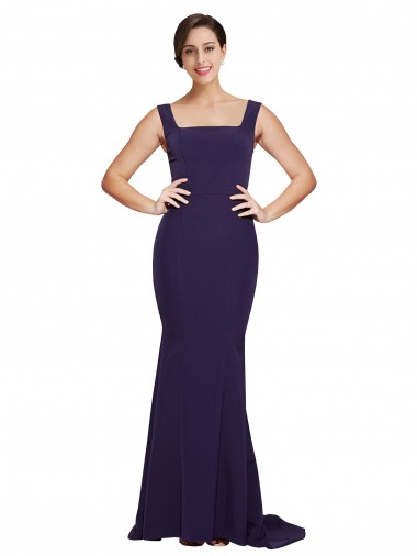 Purchase Square Neck Long Sweep Train Crepe Prom Dress with Thick Straps UK