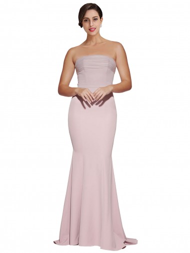 Purchase Straight Neck Long Strapless Crepe Prom Dress with Soft Tulle Overlay and Small Train UK