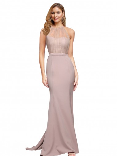 Purchase Long Sweetheart Crepe Prom Dress with High Neck Illusion Tulle Details UK