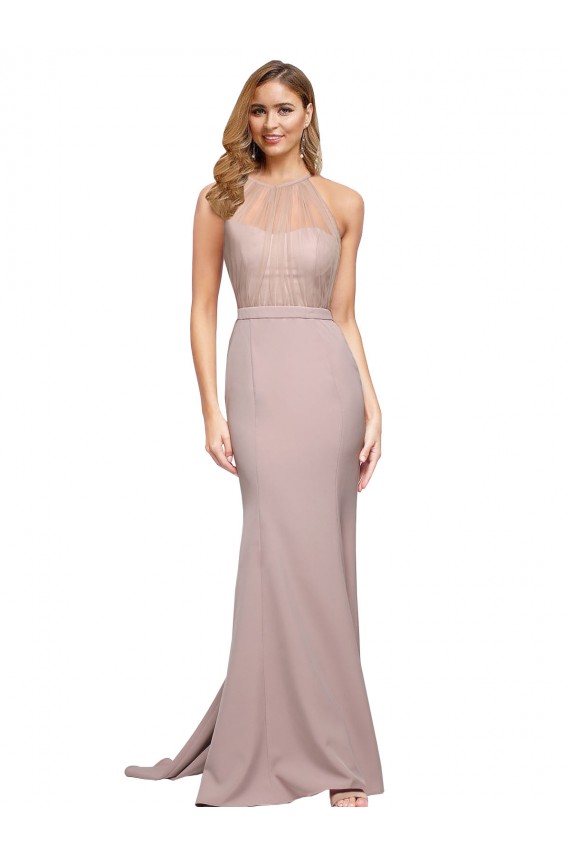 Purchase Long Sweetheart Crepe Prom Dress with High Neck Illusion Tulle Details UK