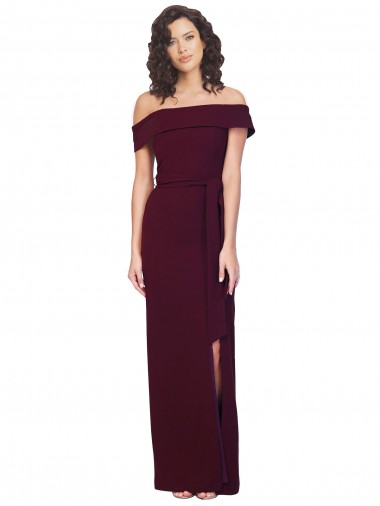 Purchase Fitted Full Length Off the Shoulder Crepe Prom Dress with Side Split and Waist Tie UK