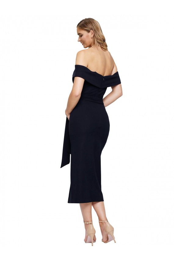 Purchase Fitted Short Midi Length Off the Shoulder Crepe Cocktail Prom Dress / Homecoming Dress with Side Split and Waist Tie UK